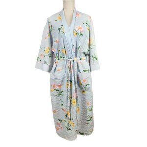Adonna  Robe Floral Open Belted Blue Floral 3/4 Sleeve Size Medium Dressing Gown